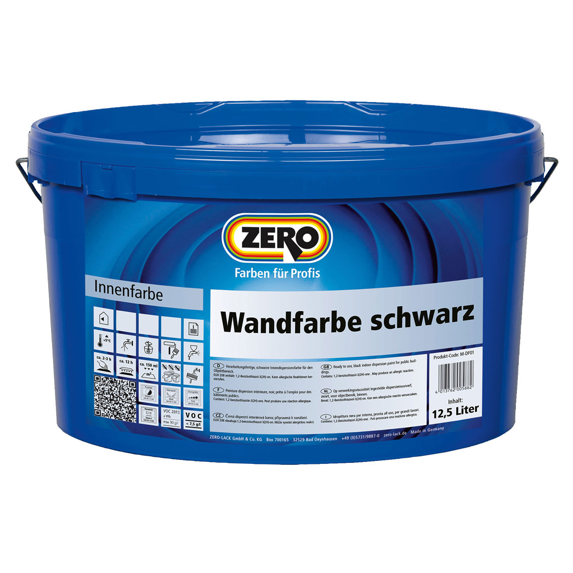 ZERO-LACKE Wandfarbe Dispersionfarben, Schwarz, 12,5 l